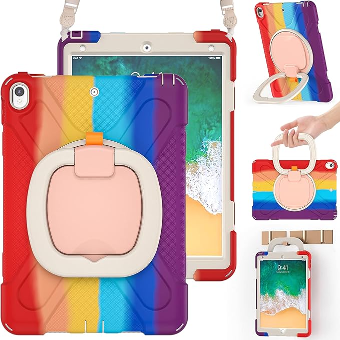 BRAECN Kids Case for iPad Pro 10.5” 2017/ iPad Air 3 Case 2019 Heavy Duty Rugged Hard Case Silicone with Pencil Holder Carrying Strap&ampKickstand for iPad Air 3rd Gen A1701 A1709 A2152-Colorful Re
