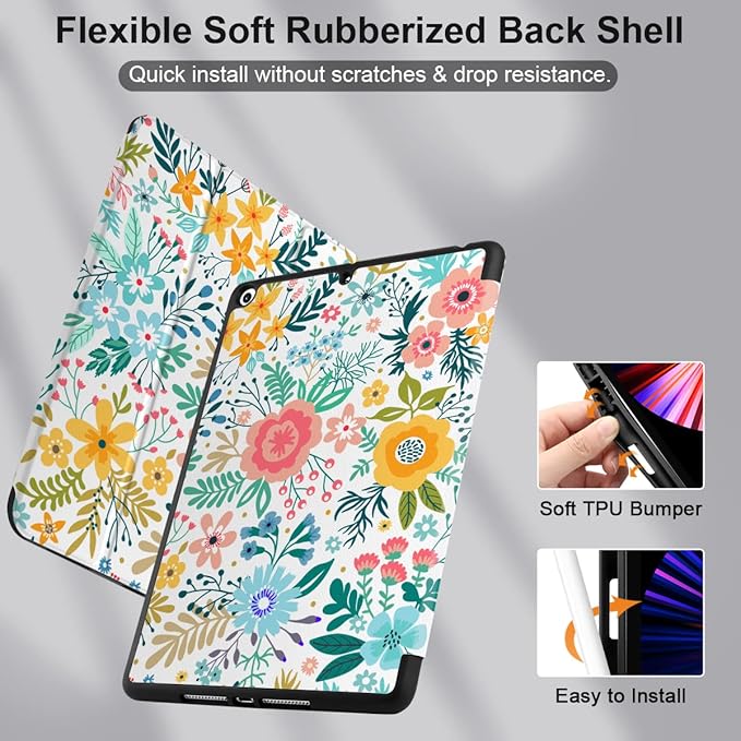 DONGKE Case Compatible with iPad 10.2 Inch 2021 2020 2019 iPad 9th/8th/7th Generation with Pencil Holder Slim Stand Protective Case with Soft TPU Back Auto Sleep/Wake Cover Colorful Floral
