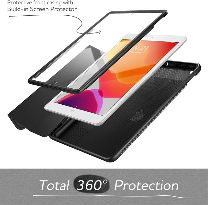 SURITCH for iPad 9th/8th/7th Generation iPad 10.2 Case [Built in Screen Protector] [Pencil Holder] Lightweight Leather Case Smart Cover and Magnetic Trifold Stand for iPad 2021/2020/2019(Black)