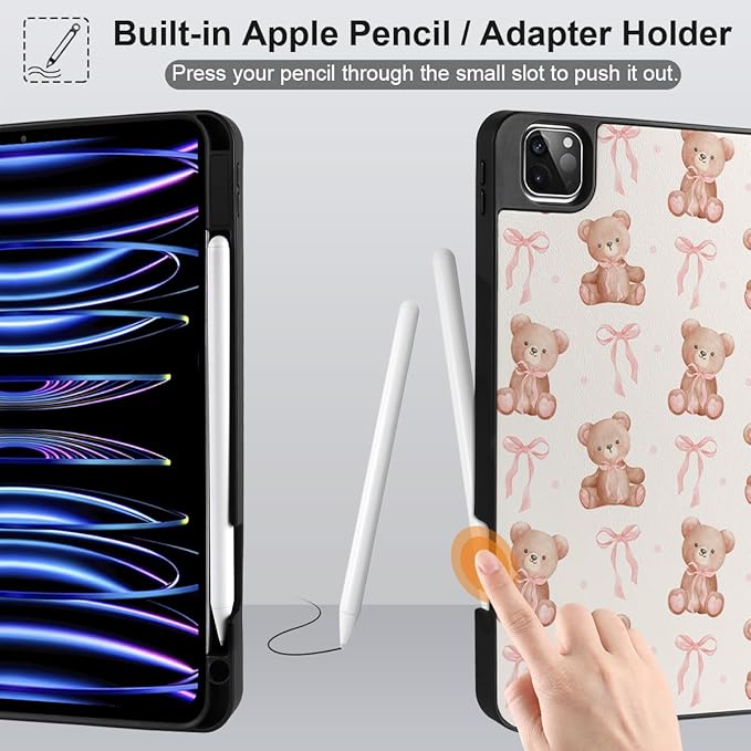 DONGKE Case for 2022/2021/2020/2018 iPad Pro 11 inch Gen 4/3/2/1 - Slim Protective Case - Built in Pencil Holder Support Charging - Trifold Stand &amp Sleep/Wake Cover- Bear