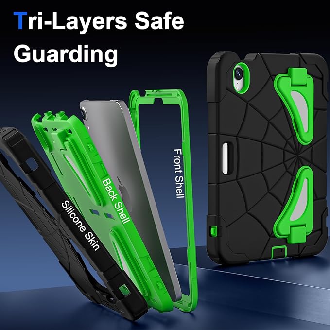 Kids Case for iPad mini 7 A17 Pro 2024/ Mini 6 8.3 inch Spider Case for iPad mini 7th 6th Generation Shockproof Durable Full Protective Cover with Pencil Holder Kickstand (Black+Green)