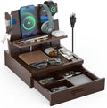 Nightstand Organizer for Men with Drawer Wood Docking Station with USB Ports and AC Outlets Gifts for Men Holds Phone Tablet Keys Glasses Earphones Etc（Brown）