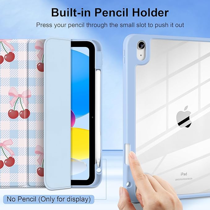 DONGKE Case for iPad (A16) 11th Generation 11 inch 2025 &amp iPad 10th Gen 10.9 inch 2022 [Built-in Pencil Holder] Clear Acrylic Back Trifold Stand Smart Cover Auto Sleep/Wake Blue Cherry