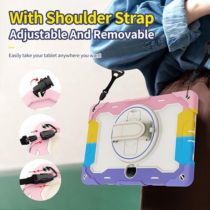 Tablet Case for Honor Pad 9 12.1Kids Rainbow Heavy Duty Silicone Shockproof Case with Pencil HolderShoulder StrapRotating Fold KicjstandHand Strap