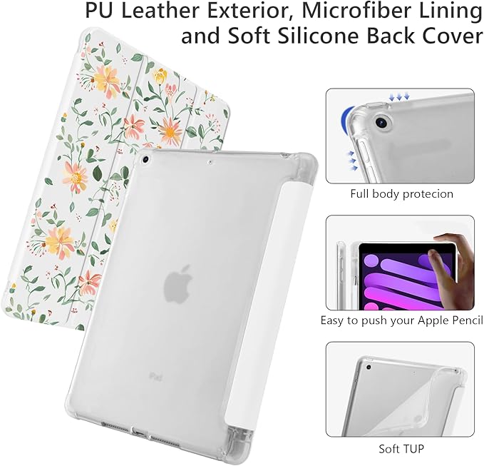 Cute Leaves Floral Flower for iPad Pro 13 Inch Case (M5/M4) 2025/2024 with Pencil Holder Auto Sleep/Wake Leather Soft TPU Back Cover