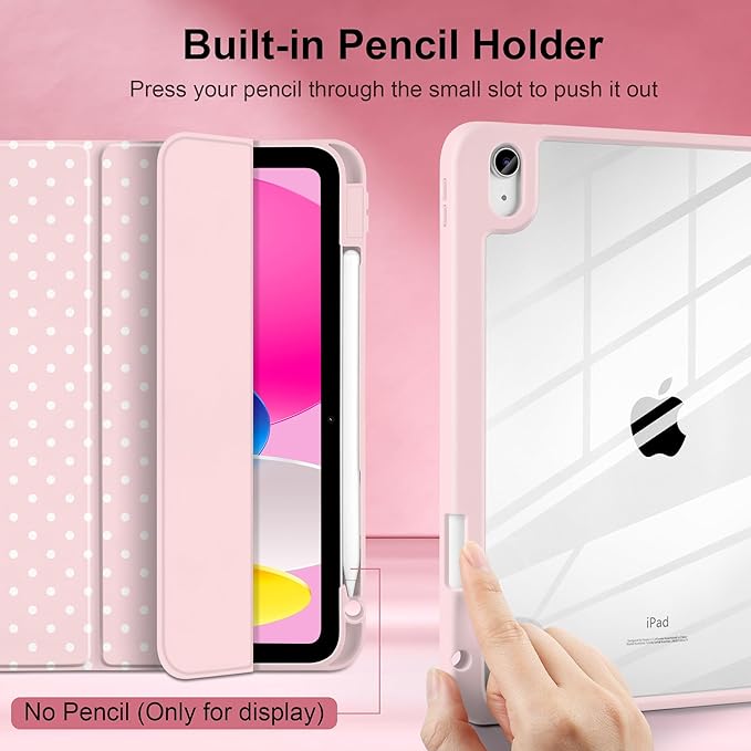 Case for iPad A16 11th Generation 11 inch 2025 iPad 10th Generation 10.9 inch 2022 -[Built-in Pencil Holder] Shockproof Clear Hard Back Trifold Stand Auto Wake/Sleep Pink White dot