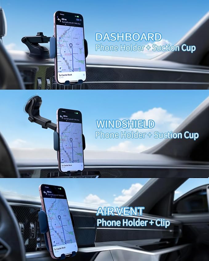 Wireless Car Charger Auto-Clamping 3-in-1 Phone Mount - 15W/10W/7.5W Fast Charging Car Accessories Compatible with iPhone 16/15/14/13/12/11/Xs/XR Samsung S23 Ultra/S22/S21/S20/S10+/S9(Blue)