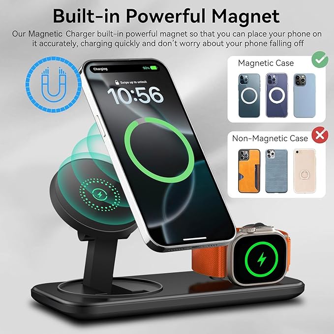 2 in 1 Wireless Charging Station for Mag-Safe Magnetic Wireless Charger Pad 15W Fast Charge for iPhone 17 Pro Max/17 Air/16/16 Plus/15/14/13/12AirPods Pro 3Apple Watch SeriesBlack