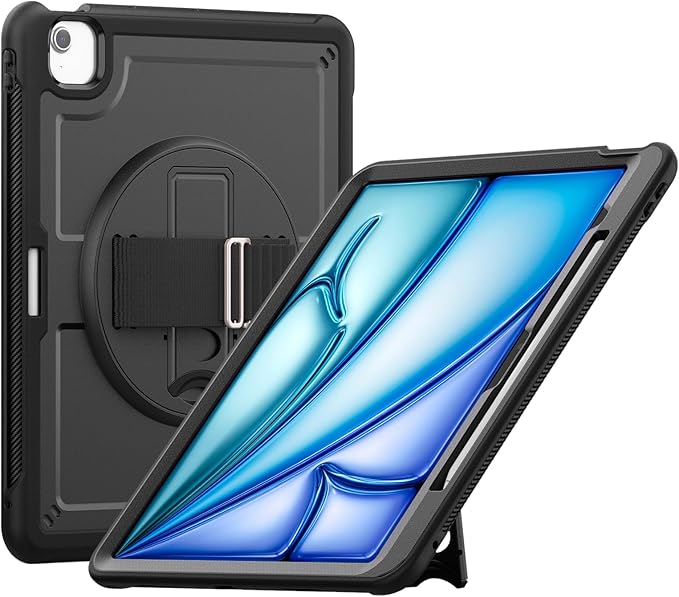Batianda Case for iPad Air 13-inch 2025 M3 2024 M2 Chip Multilayered Rugged Durable Shockproof Tablet Cover with 360° Rotating Hand Strap Foldable Hidden Stand Black