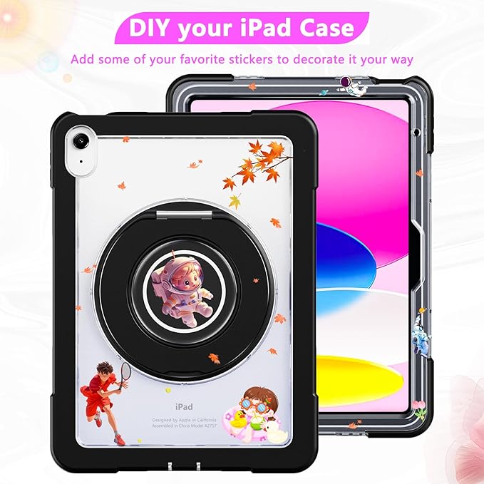 Case for iPad (A16) 11th /10th Generation 11 Inch 2025/10.9 inch 2022with Screen Protector360 Rotating Metal StandClear BackHeavy Duty Shockproof for Kids Case Black