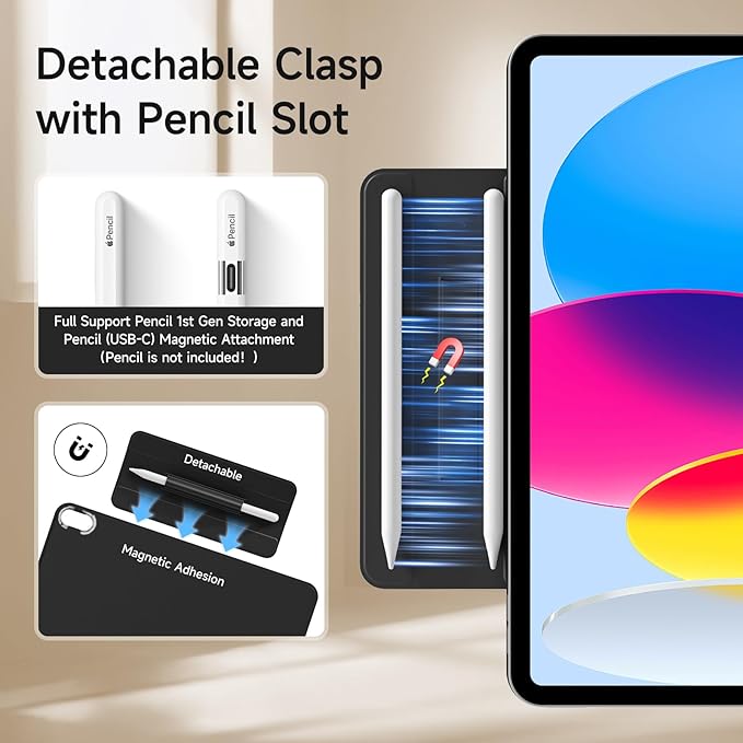 kenke Magnetic Case for iPad 11 Inch A16 2025/10th Generation 10.9 Inch 2022 with Detachable Clasp Slim Strong Magnetic Multi-fold Stand Cover with Pencil Holder Auto Wake/Sleep Black