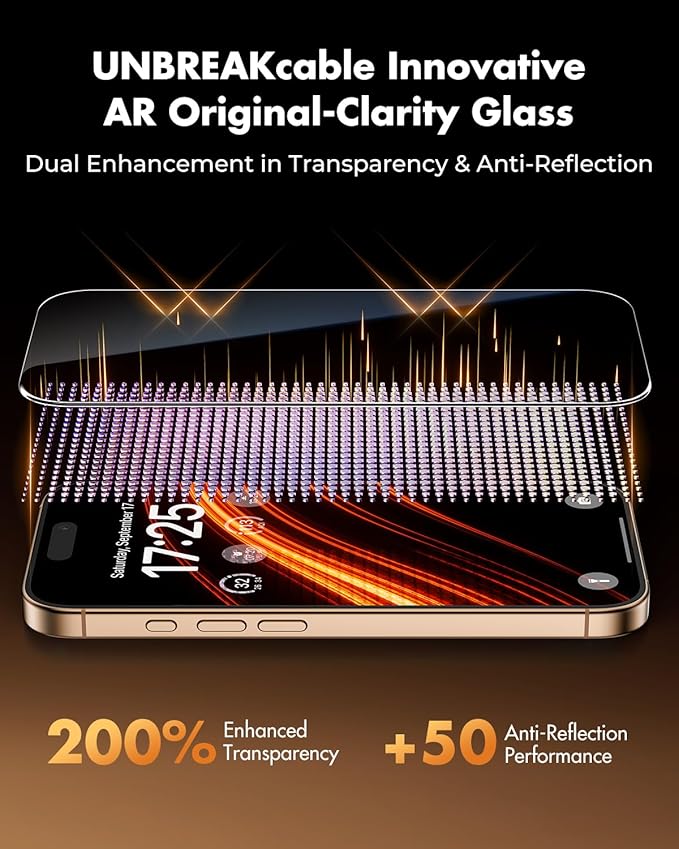 UNBREAKcable 2 Pack for iPhone 16 Pro Max Screen Protector AR Anti Reflection 9H+ Tempered Glass Anti-Glare Enhanced Clarity Anti-Blue Light Polishing Cloth Included