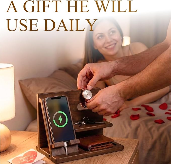 TESLYAR Wood Phone Docking Station for Men - Desktop or Nightstand Organizer - Birthday Gifts for Men Dad - Anniversary Idea from Wife - Key Holder Stand Wallet Watch &amp Essentials (Bourbon Brow