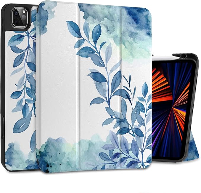 DONGKE Case for 2022/2021/2020/2018 iPad Pro 11 inch Gen 4/3/2/1 - Slim Protective Case - Built in Pencil Holder Support Charging - Trifold Stand &amp Sleep/Wake Cover - Watercolor Blue Floral