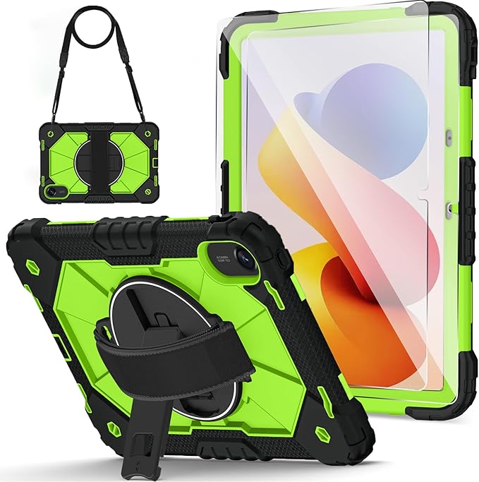 Case for Xiaomi Redmi Pad 2 Pro 12.1 inch (2025) TabletHeavy Duty Cover Rugged Shockproof Protective Case w/Kickstand Cover for Redmi Pad 2 Pro 12.1 inch (Black/Green+2 Glass)