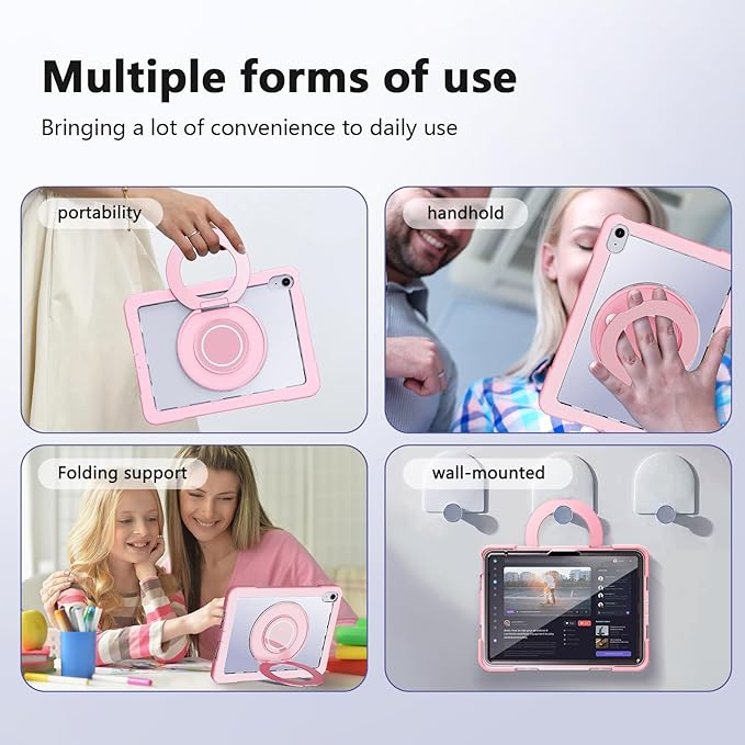 Case for iPad (A16) 11th /10th Generation 11 Inch 2025/10.9 inch 2022with Screen Protector360 Rotating Metal StandClear BackHeavy Duty Shockproof for Kids Case Pink