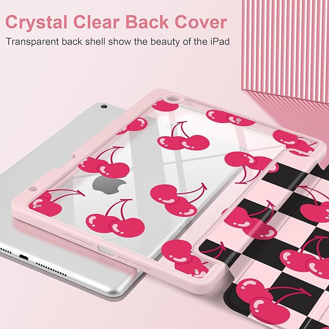 DONGKE for iPad 9th/8th/7th Generation Case 10.2 Inch (2021/2020/2019) [Auto Sleep/Wake &amp Pencil Holder] Clear Acrylic Back Trifold Stand Cover Cherry Checkers
