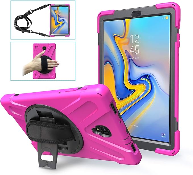 Rugged Case for Samsung Galaxy Tab A 10.5 2018 (SM-T590/T595/T597) Portable Hybrid Shock-Proof Cover with 360° Rotatable Hook&ampLoop HandleShoulder Strap (Rose)