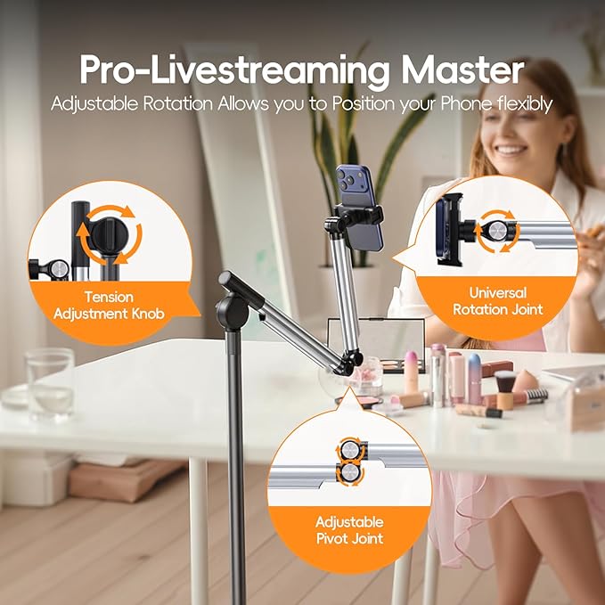 Floor Phone Stand for Recording Overhead Phone Mount with Wheels and Weight Base Free Rotation Aluminum Digital Heavy Duty Stand with Adjustable Angles &amp Height for Content Creation