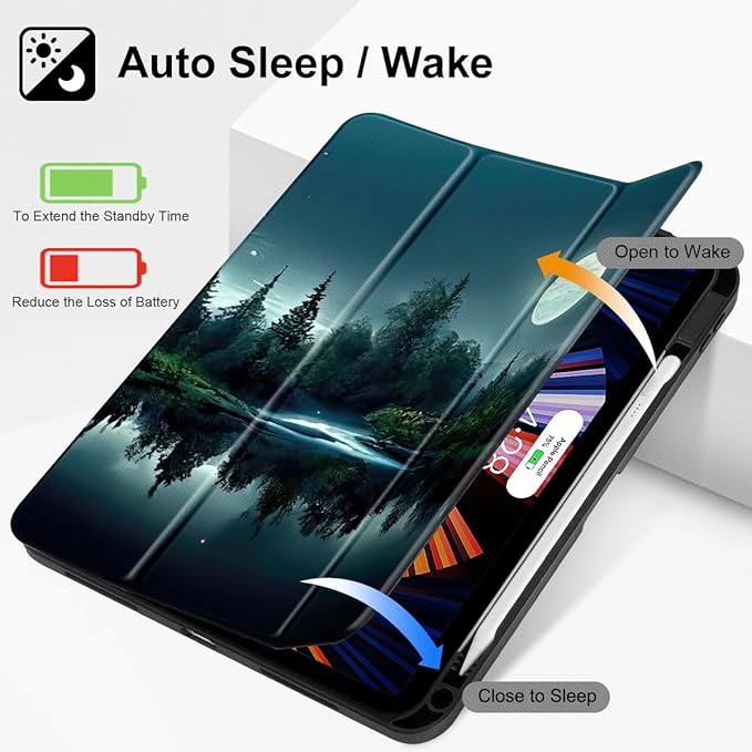 Tuiklol Case for iPad 10.2 Inch 2021 2020 2018 Release 9th / 8th / 7th Generation Built-in Pencil Holder TPU Protective Stand Back Cover Trifold Stand-Auto Wake/Sleep Night Forest