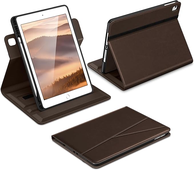 DTTO for iPad 6th / 5th Generation 9.7 Inch (2018/2017) iPad Air 2 / Air 1 Case 360 Degree Rotating Premium Leather Folio Stand Cover with Pencil Holder Dark Brown