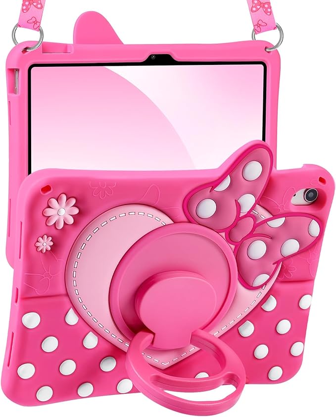 Boaretiu Kids Case for iPad A16 11th Generation 11 Inch 2025/for iPad 10th Gen 2022 10.9 Inch - Cute Girly Cartoon Soft 3D Bow Heart Dot Silicone Cover with Strap &amp Rotating Stand for Girls Teens