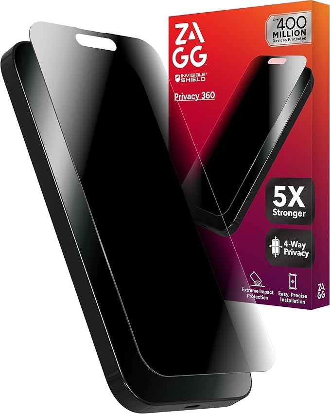 ZAGG Glass Elite Privacy 360 Screen Protector for iPhone 16/15 – 4-Way Privacy Ultra-Strong Tempered Glass 5X Stronger Smudge-Resistant Easy Install Recycled Content