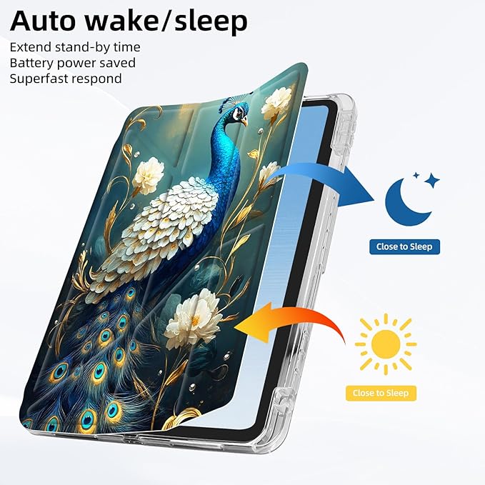 for iPad mini 7 A17 Pro 2024/iPad Mini 6 2021 Case with Pencil HolderFoldable Y-Shaped CoverStylish Clear Multi-Angle Viewing&ampAuto Sleep/Wake Peacock with Golden Vines Tablet Case