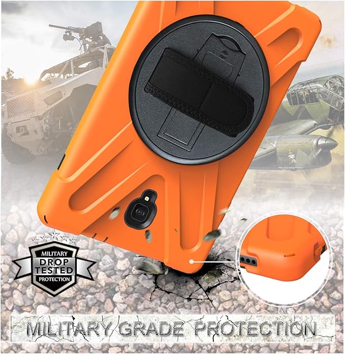 Rugged Case for Samsung Galaxy Tab A 10.5 2018 (SM-T590/T595/T597) Portable Hybrid Shock-Proof Cover with 360° Rotatable Hook&ampLoop HandleShoulder Strap (Orange)