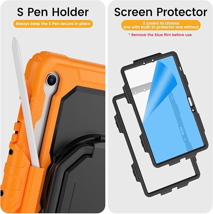 HXCASEAC Case for Galaxy Tab S10 lite / S10 FE / S9 FE 10.9 Inch Shockproof | 360° Rotating Stand | S Pen Holder | Screen Protector | Shoulder Strap | Samaung S10 Lite Tablet Case Kids Orange
