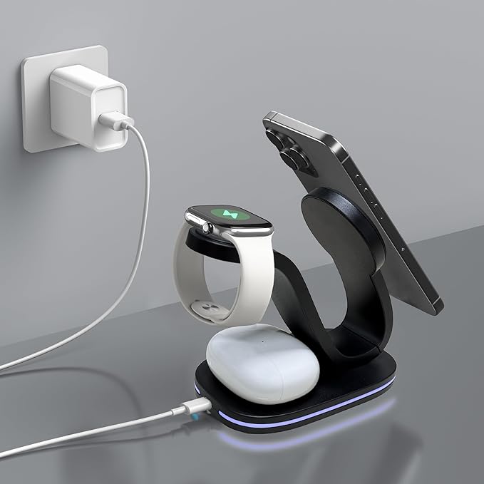 Wireless Charging Station Qi2 15W 4-in-1 Charger Station for iPhone 17/16/15/14/13/12 Series Watch Airpods 1-8/Ultra iPad AirPods (Black 4 in 1)