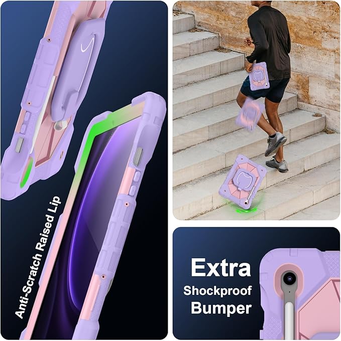 DreamerX for Samsung Galaxy Tab S10 Lite / S10 FE / S9 FE 10.9 Inch Case Samsung Tab S9 11 Inch Protective Cover Heavy Duty Shockproof Rugged Case with 360 Rotating Stand Shoulder Strap Purple Rose