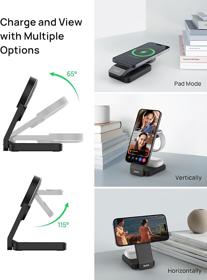 SODI Qi2 3-in-1 Foldable Wireless Charging Station with Night Light Fast 15W Portable Travel Charger Stand Nightstand Charger for iPhone/Android/Apple Watch/AirPods(W79-2)