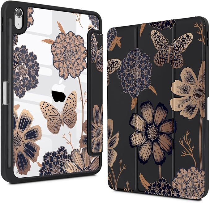 Teryeefi for iPad (A16) 11 inch Case 2025 /iPad 10th Generation 10.9 inch 2022 with Pencil Holder Trifold Stand with Soft TPU + PC Transparent Hard Shell Back Cover Butterflies Flowers