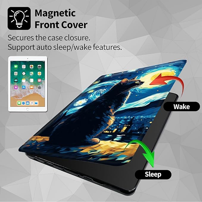Case for Samsung Galaxy Tab S8 Plus 2022/S7 FE 2021/S7 Plus 2020 12.4 Inch Cat On Starry Night Theme 360 Degree Rotating Stand Smart Protective Cover for Samsung S7 FE Tablet