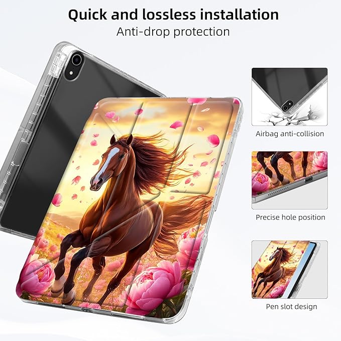 for iPad mini 7 A17 Pro 2024/iPad Mini 6 2021 Case with Pencil HolderFoldable Y-Shaped CoverStylish Clear Multi-Angle Viewing&ampAuto Sleep/Wake Horse in Pink Peony Field Tablet Case
