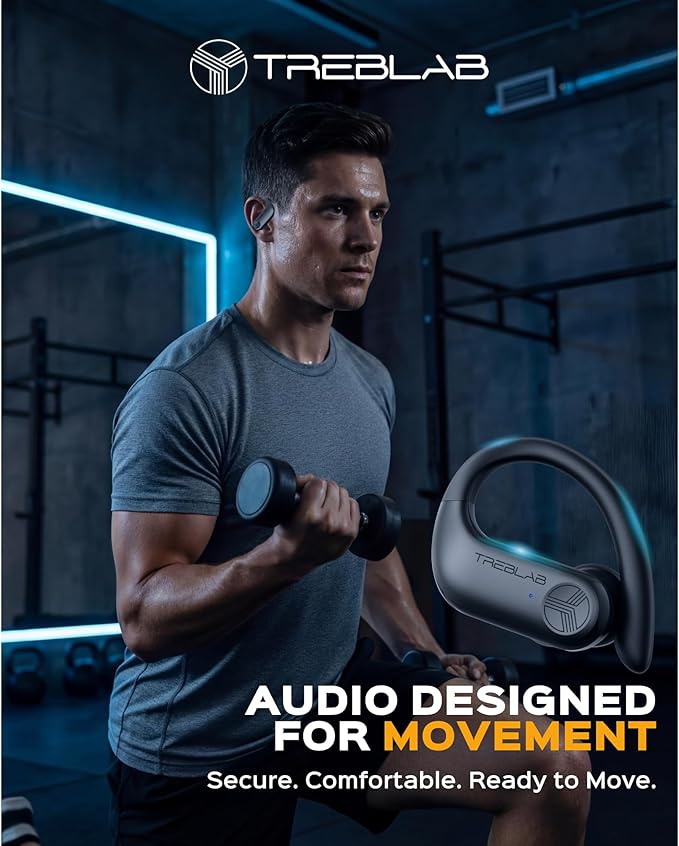 TREBLAB X3 Pro - Sports Wireless Ear Buds Bluetooth - Comfortable Workout Headphones with Secure Ear Hooks 9H Long Battery Life IPX5 Sweatproof Earphones Noise Isolation Over Ear Earbuds