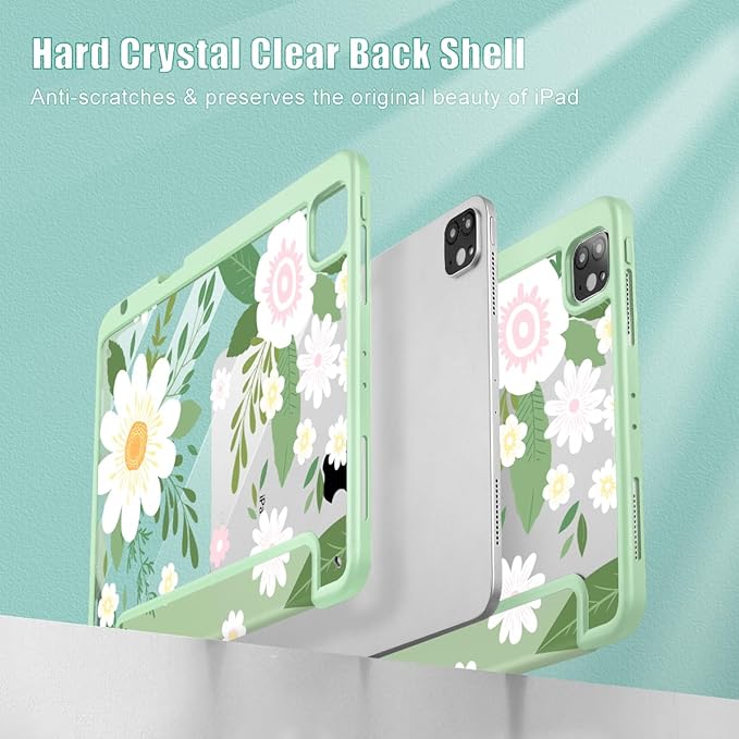 Tuiklol for iPad Pro 11 Inch Case M2 2022 Gen 4th -Built-in Pencil Holder Shockproof Cover Clear Transparent Back Shell Fit for iPad 11’’ 2021 2020 2018 Gen 3rd/2nd/1st for Kid Flowers Green