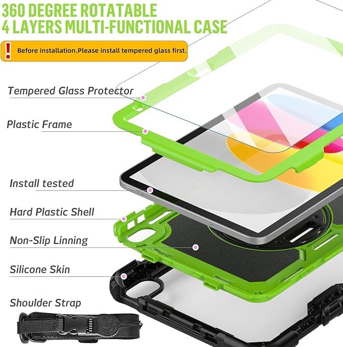 BLOSOMEET Case for iPad A16 11th/10th Generation 11''/10.9'' 2025/2022 with Tempered Glass Screen Protector &amp Pencil Holder Rugged Military Grade Cover w/Stand Hand Shoulder Strap Green