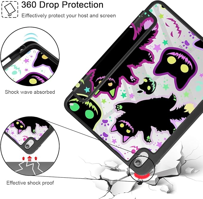 Case for iPad 11 inch A16 2025 Generation 11th / iPad 10.9 inch 2022 10th Gen Buit in Pencil Holder with Shockproof Cover Clear Transparent Back Shell Auto Wake/Sleep Creepy &amp Funny Cats