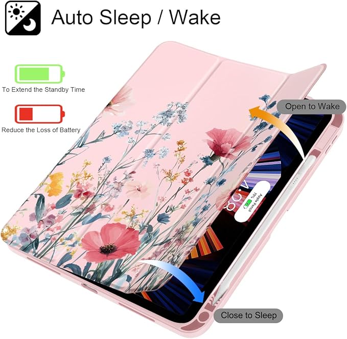 May Chen for iPad Air 11-inch M4/M3/M2 (2026/2025/2024) iPad Air 5th/4th 10.9 Inch - Shockproof Cover with Clear Back Shell &amp Penceil Holder Auto Wake/Sleep Stand Cover Wildflower