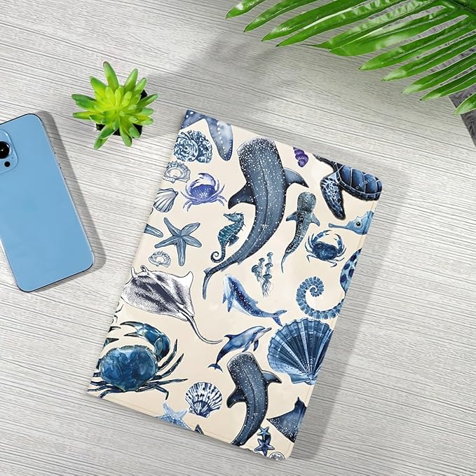 Cute Ocean Whale Shark Turtle Tablet Case for Samsung Galaxy Tab A8 X205/X200 2021 10.5 Summer Sea Shell Starfish Cover for Girls Women Trendy Protective Cases Flip PU Leather Funda