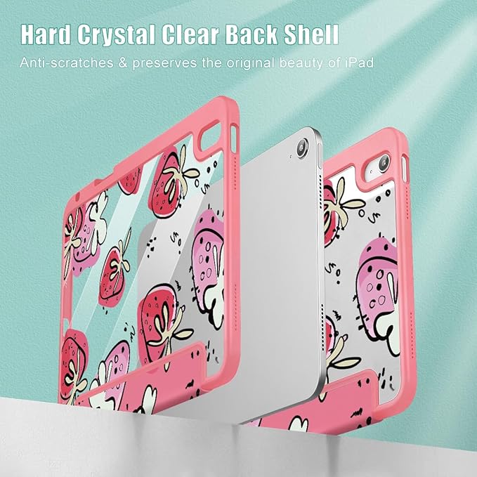 Tuiklol for 2025 iPad (A16 Chip) 11th Generation 11 inch/iPad 10th Generation 10.9 inch 2022 Case Buit in Pencil Holder with Clear Back Shell Cover Trifold Stand Auto Wake/SleepStrawberries