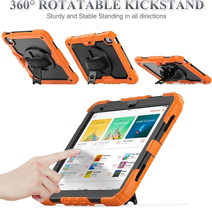 SEYMAC stock Case for iPad (A16) 11th/10th Generation 11''/10.9'' 2025/2022 Full-Body Drop Protection Case with Screen Protector &amp360° Rotate Hand Strap/Stand Black+Orange