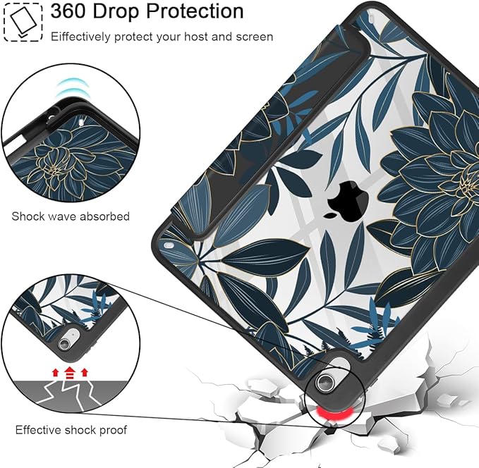 Tuiklol Case for iPad 11 inch (A16 Chip) 2025 Generation 11th / iPad 10.9 inch 2022 10th Gen Buit in Pencil Holder with Shockproof Cover Clear Transparent Back Shell Auto Wake/Sleep Black Flower