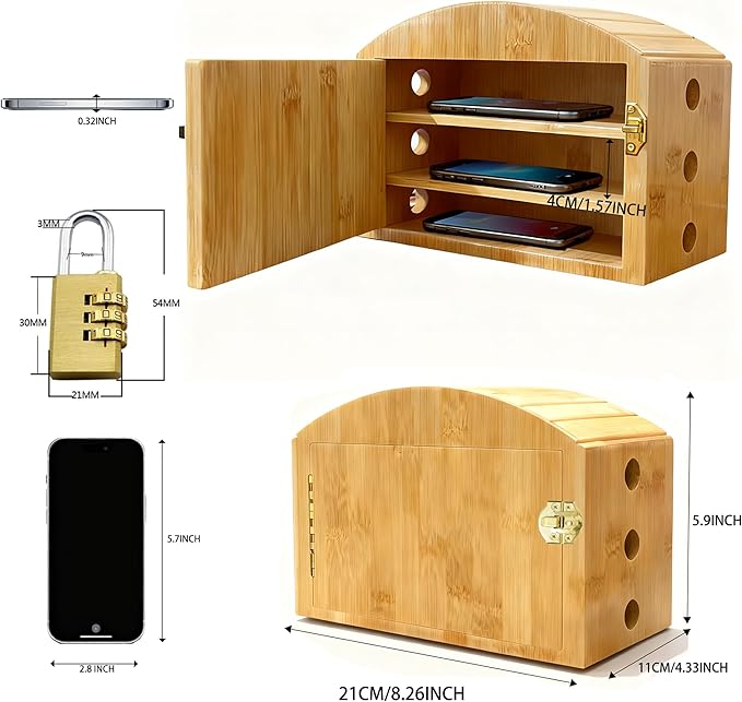 Phone Box for Family Time with Combination Lock Premium Bamboo Wood Cell Phone Jail with 6 Charging Holes and Hold 6 PhonesHelp Adults&ampKids Focus Back and Reduce Distractions