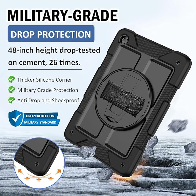 BMOUO for Samsung Galaxy Tab A9+ Plus Case 11 2023 (SM-X210/X216/X218) Shockproof Galaxy Tab A9 Plus Case with Rotating Stand and Hand/Shoulder Strap Black