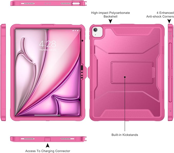 Soke Case for iPad Air 13-Inch M4 2026 M3 2025 &amp M2 2024with Built-in Screen Protector and Kickstand Rugged Full-Body Heavy Duty Protective Cover for Apple iPad Air 13 - Hot Pink