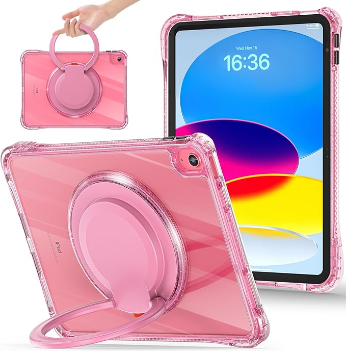 May Chen for iPad (A16) 11th/10th Generation Case 11 inch 2025/10.9'' 2022 Handle Protective Cover 360 Rotating Ring Stand Shockproof Dropproof Case for Kids Kickstand Glittering Sparkly Pink