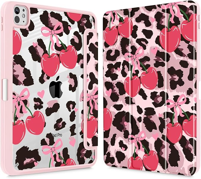Mektron Case for M5/ M4 iPad Pro 11 inch 2025/2024 with Pencil Holder Compatible Models: A3357/A3358/A3359/A2836/A2837/A3006 Shockproof Cover Clear Shell Cherry &amp Cheetah